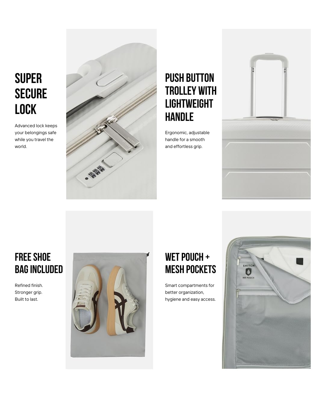 SNITCH Layer Cabin Size Light Grey Polypropylene Hard Travel Suitcase - Trolley Bag Small & Luggage with 8 Wheels, Premium Lock, Wet & Dry Pouch & Free Shoe Bag - Image 2